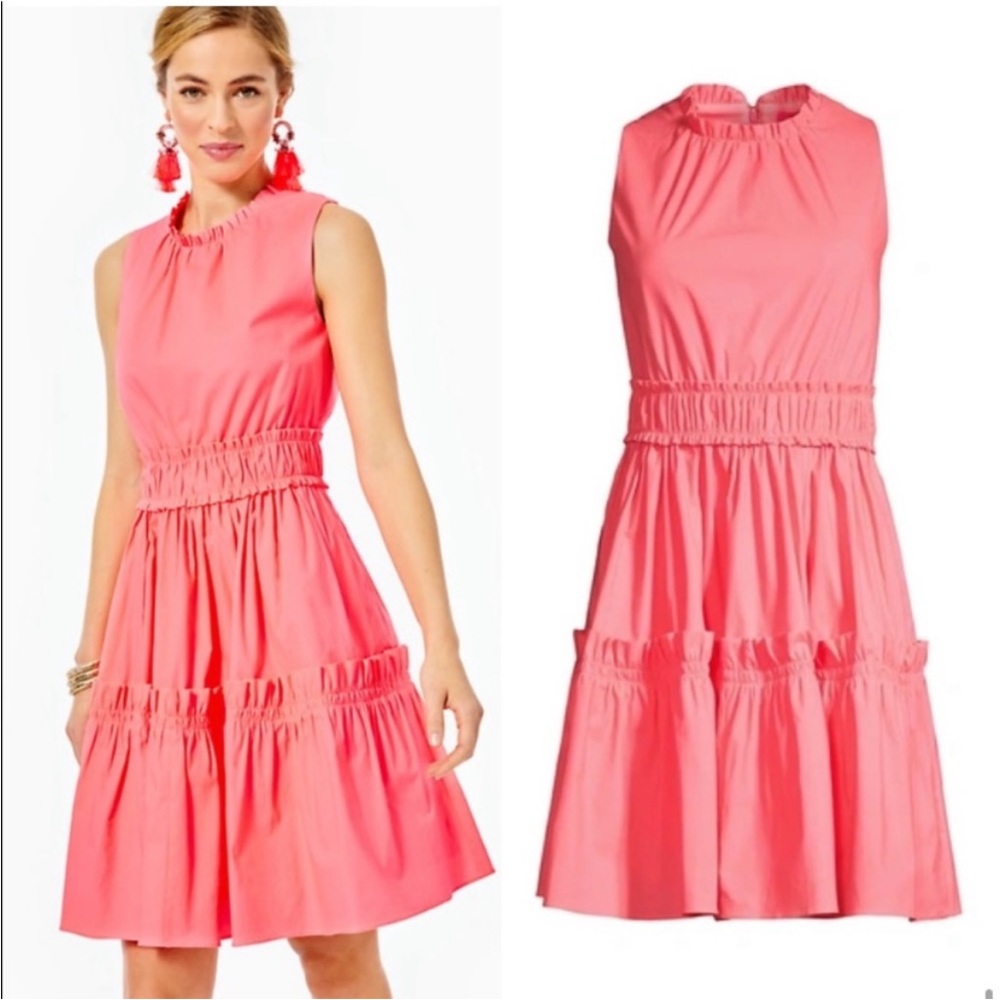 Lilly Pulitzer Elina Stretch Ruffle Dress in Coral Spritz - Picture 2 of 10